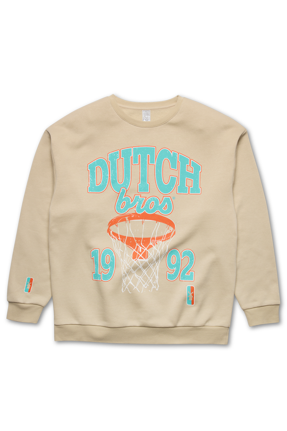 Cream-colored crewneck sweatshirt with 'DUTCH BROS 1992' basketball graphic on the front and logo on the right sleeve.
