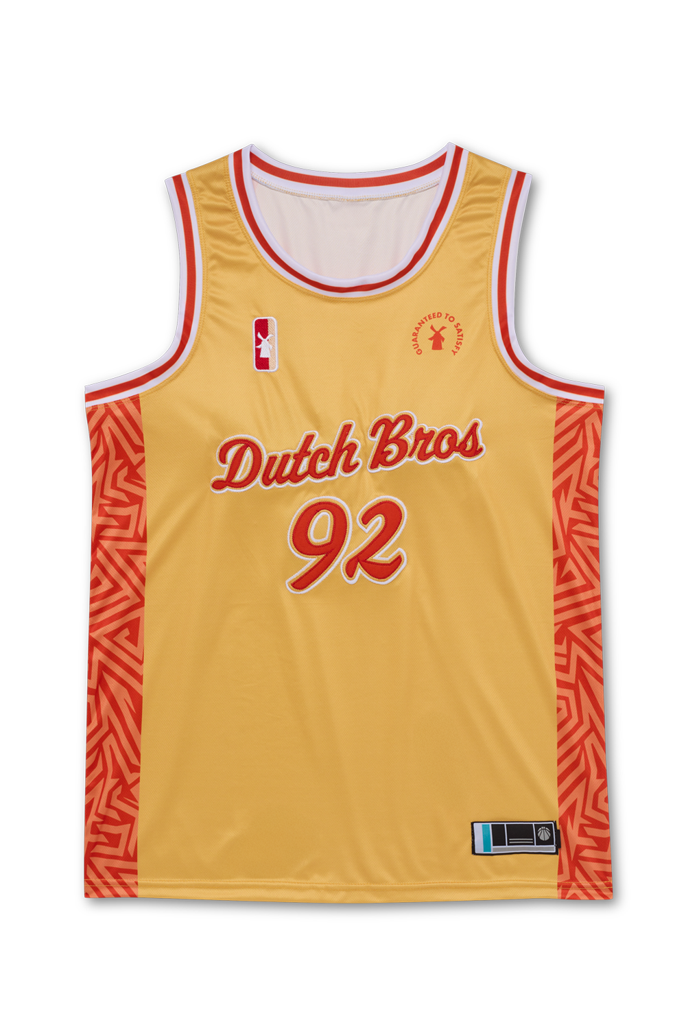 A sleeveless basketball jersey in light orange with dark orange trim, featuring 'Dutch Bros 92' patches on the front and back.