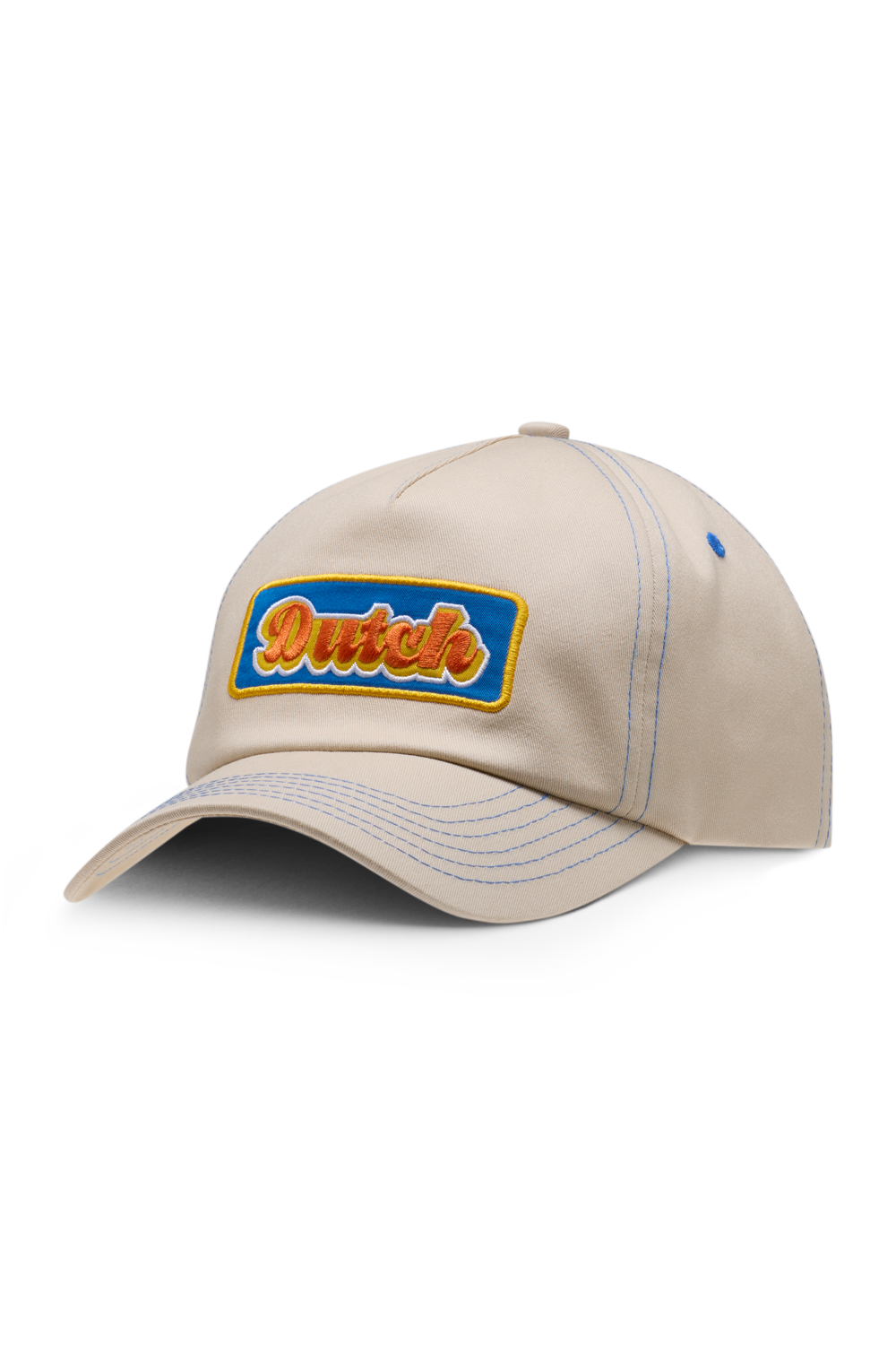 A beige 5-panel structured hat with a blue and red 'Dutch' patch on the front and an adjustable snap closure.