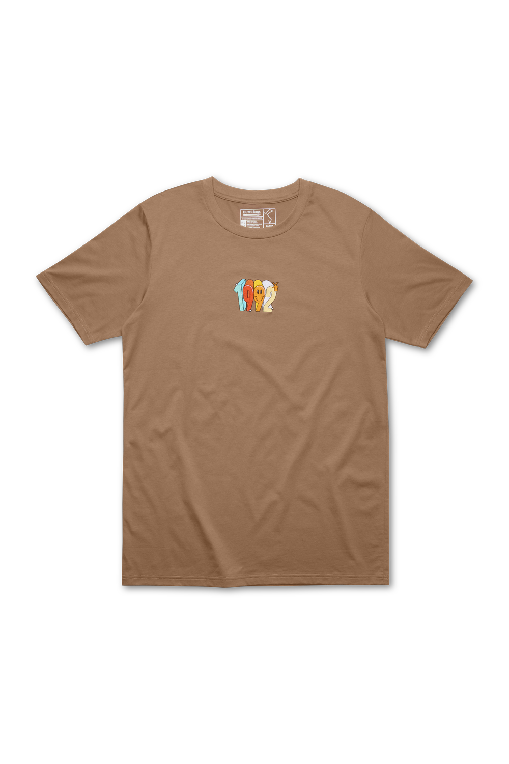 A light brown short sleeve t-shirt with '1992' embroidered on the front chest area.