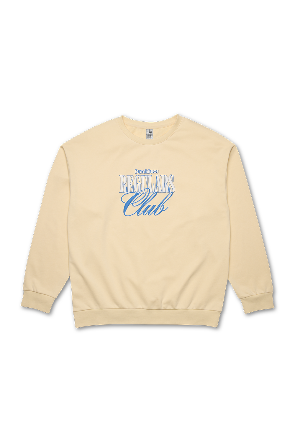 An off-white crewneck sweatshirt with 'Dutch Bros Regulars Club' printed in blue on the front.