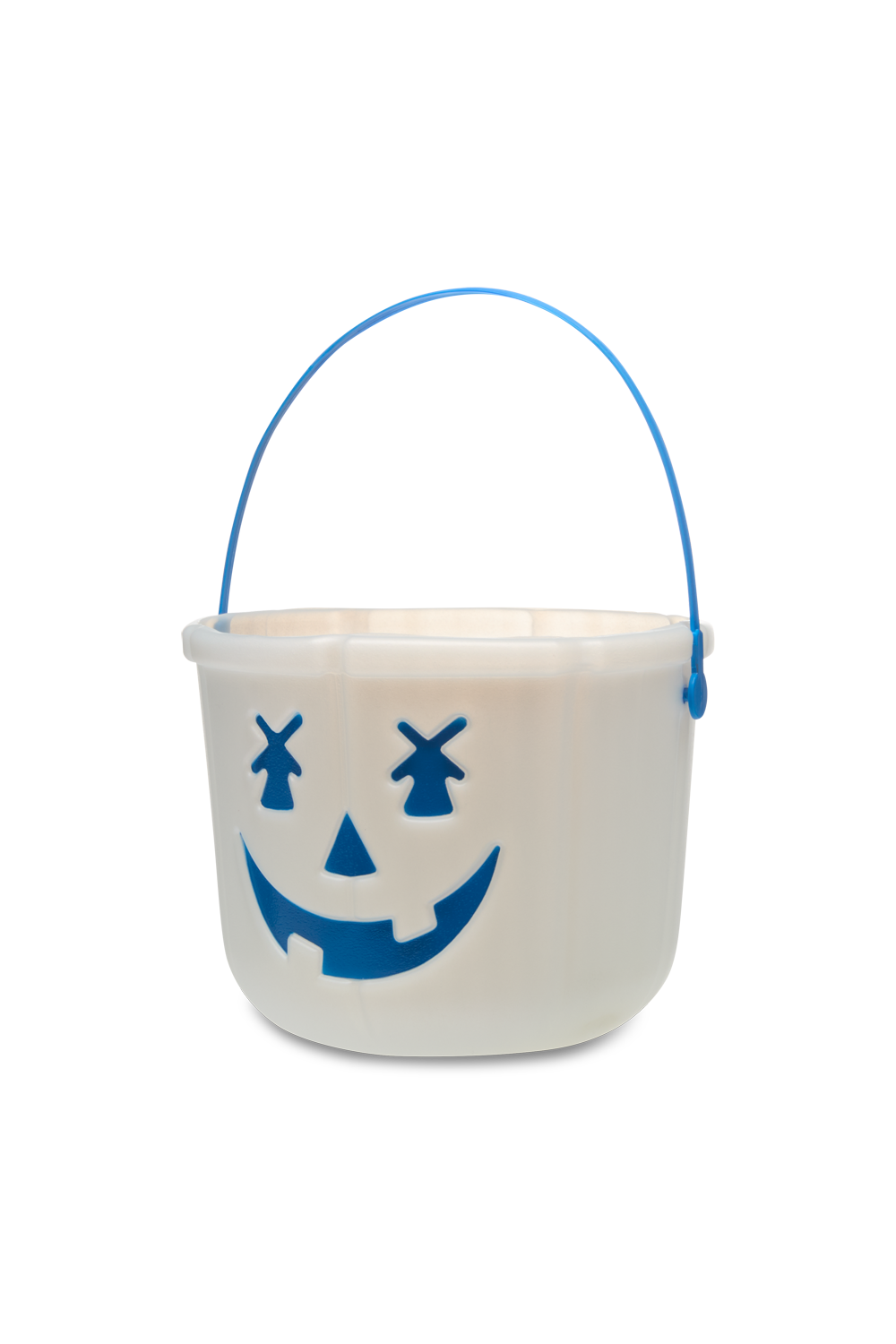 White bucket with blue pumpkin smiley face design on a white background