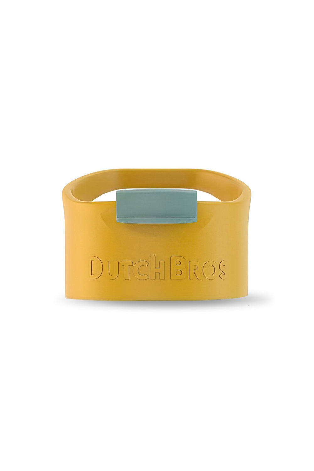 A yellow and green screw top lid with a flip clip and carry handle, featuring the text 'Dutch Bros'.
