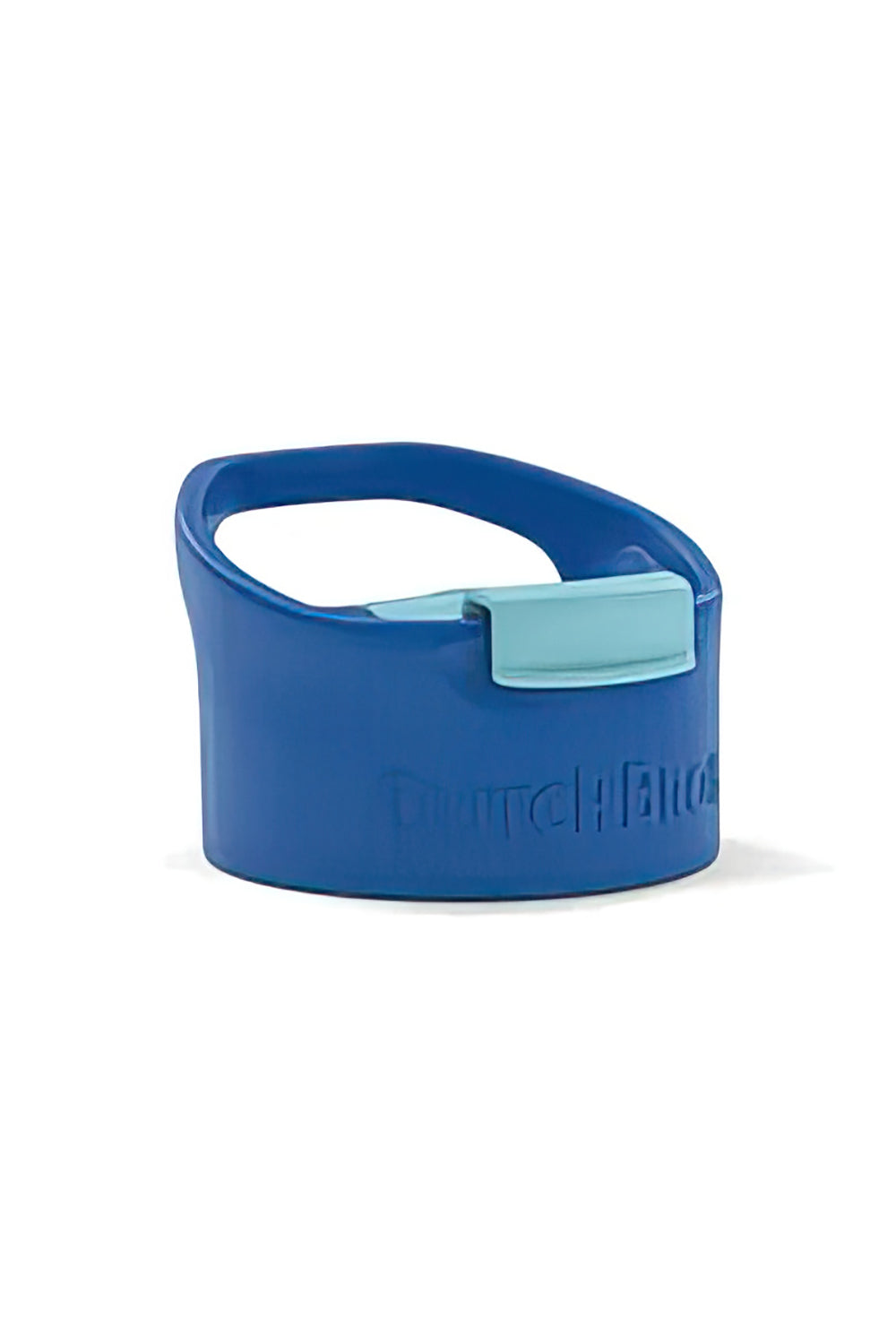 A blue screw top lid with a light blue flip clip and easy carry handle for a travel mug.