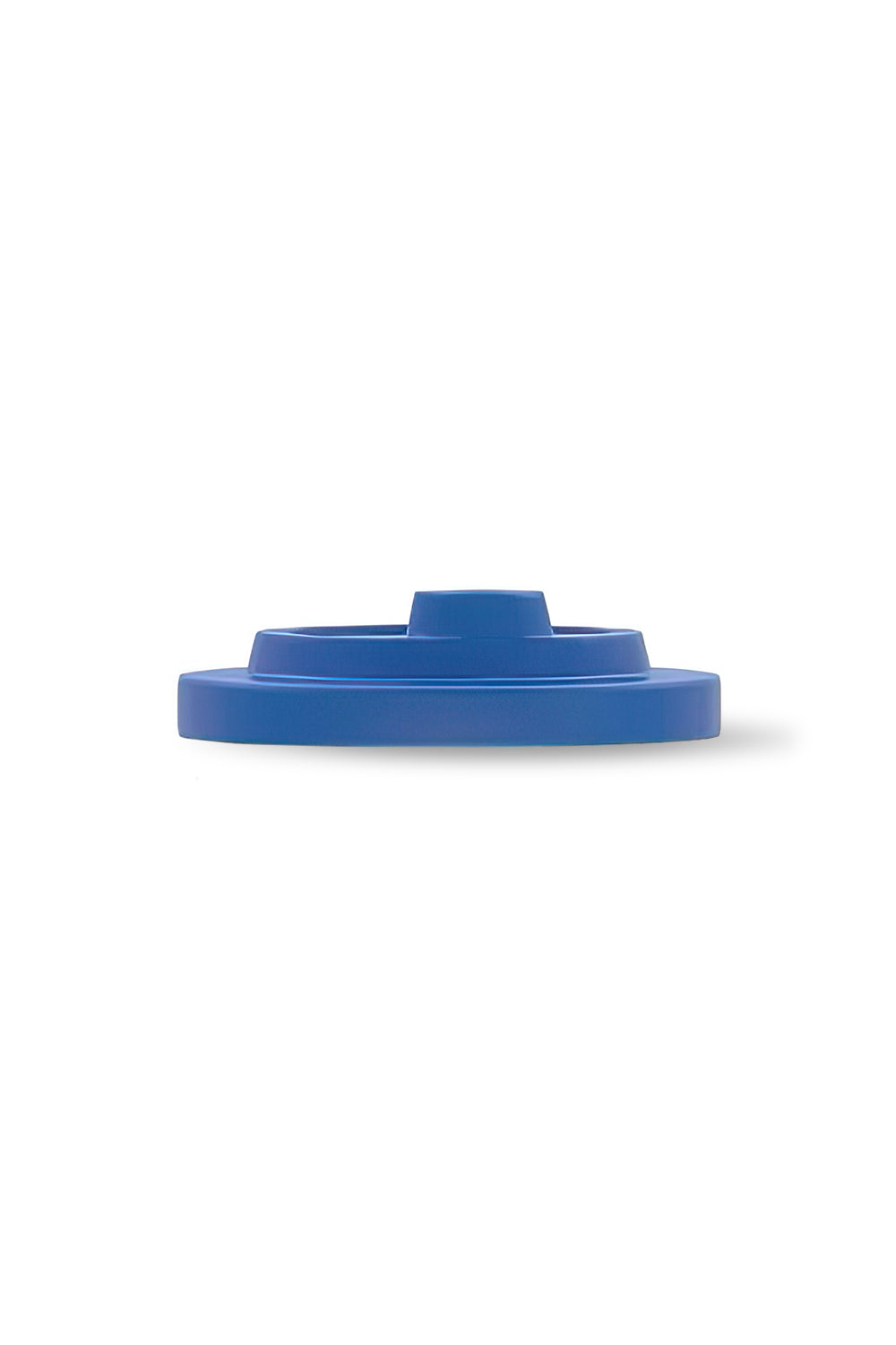 A blue reusable lid for a beverage cup.