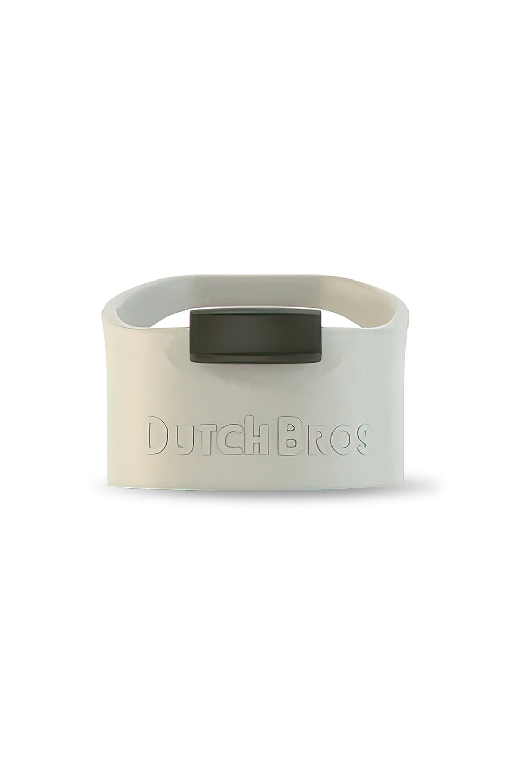 A gray top coffee cup lid with a flip clip featuring the 'Dutch Bros' logo.