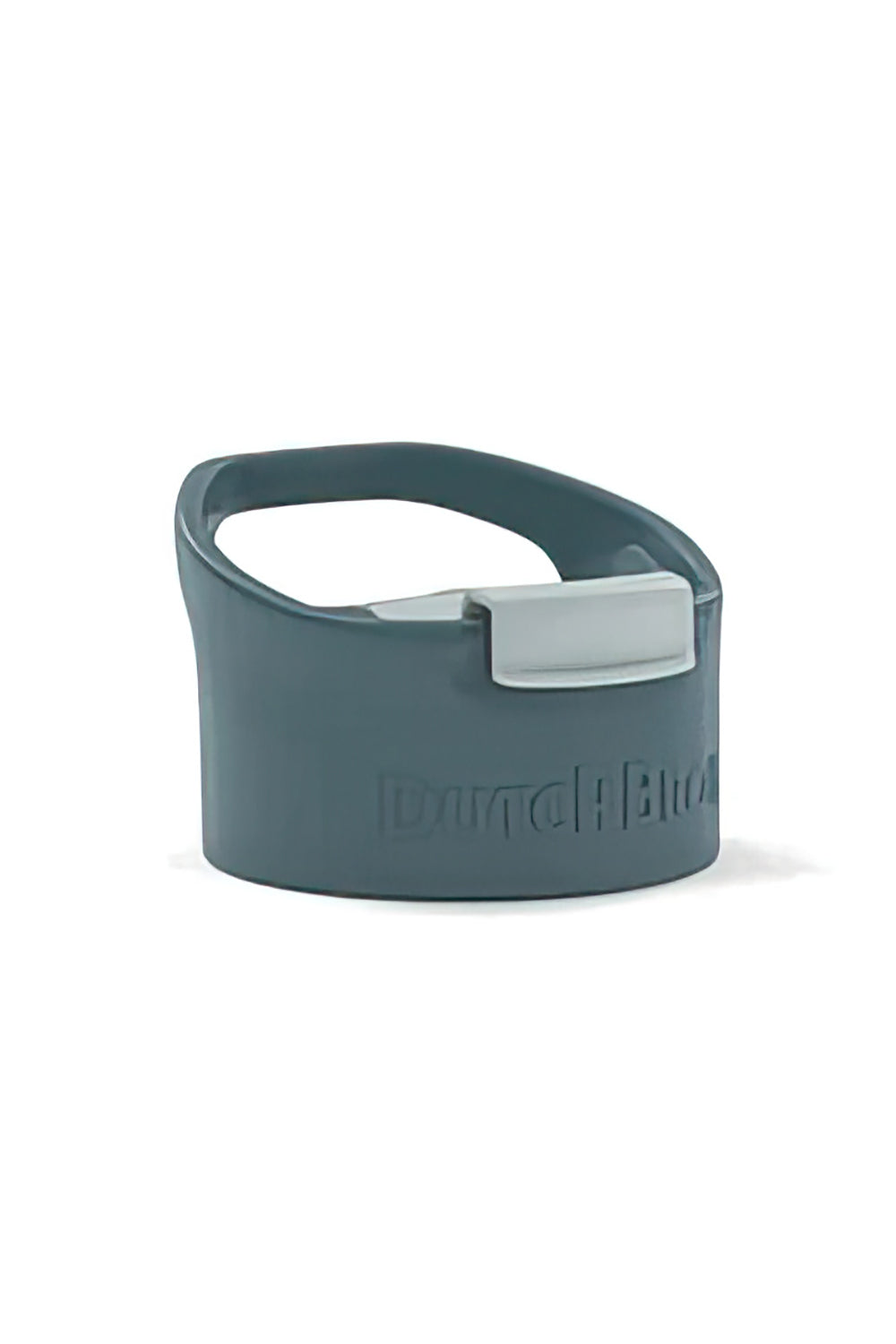 A stone grey screw top lid for a travel mug with a flip clip and carry handle, branded with the name 'Dutch Flow'.