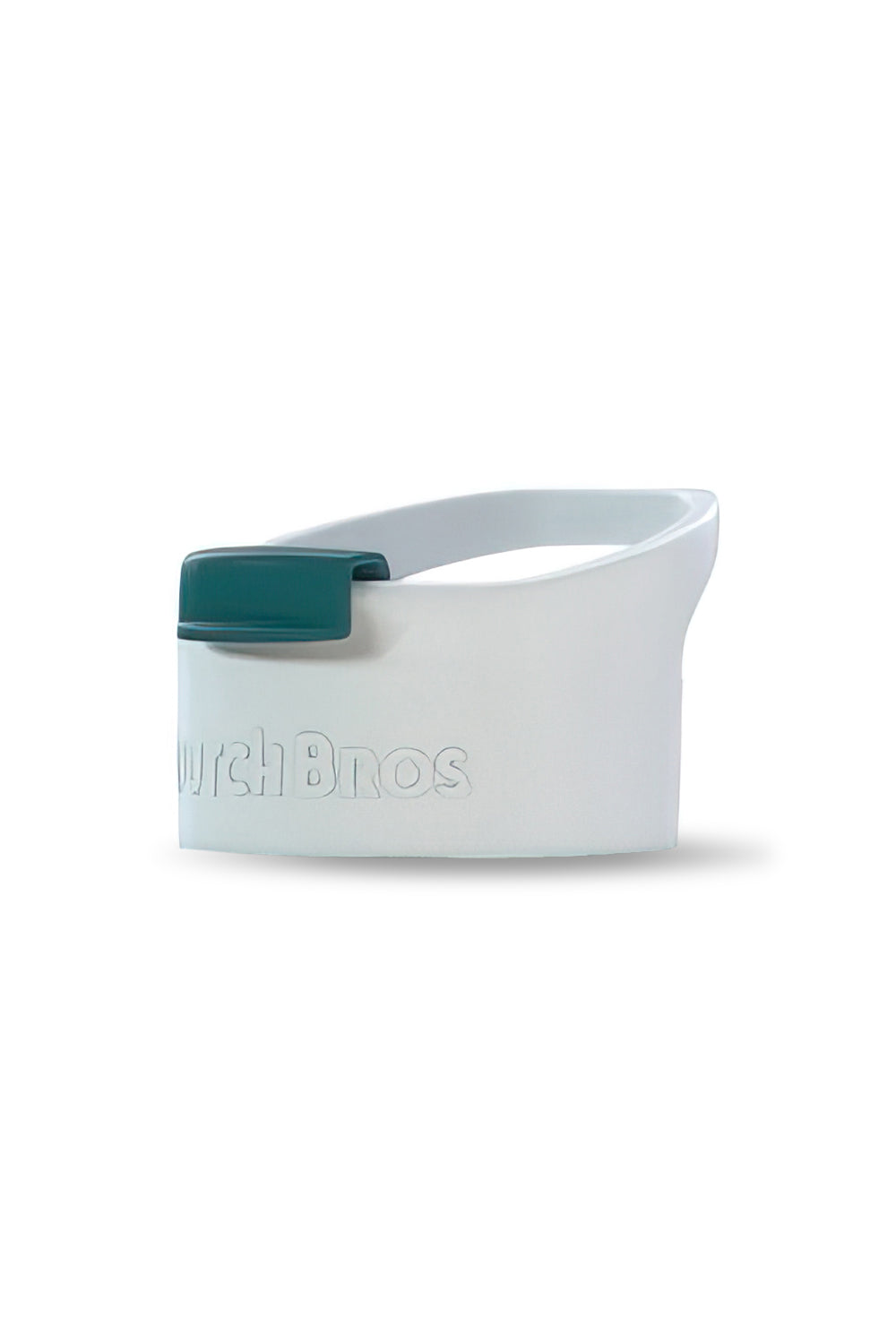 A white screw top lid with a green flip clip and handle, designed for a travel mug.