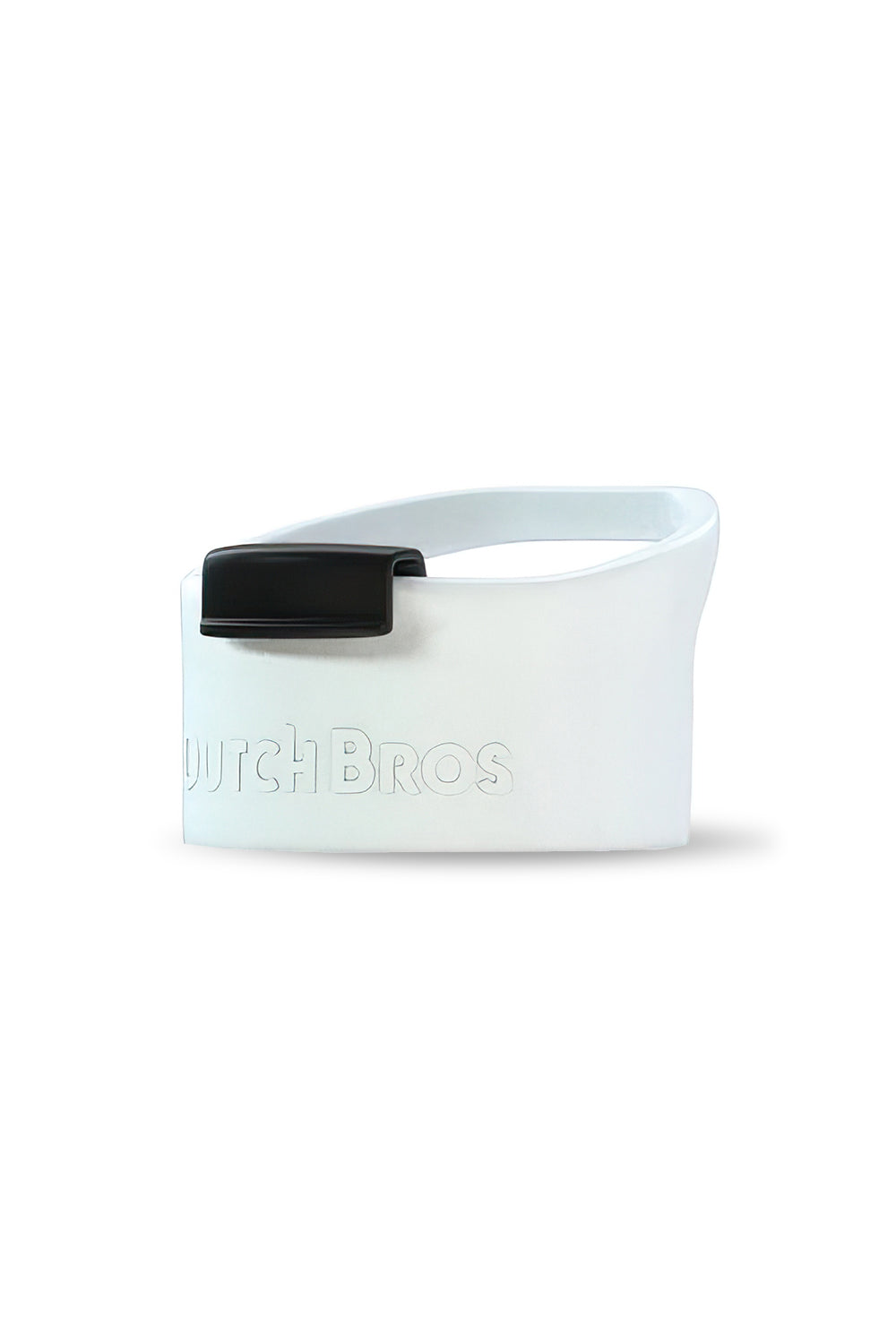 A white screw top lid with a black flip clip and handle for a travel mug, with the brand 'Dutch Bros' visible.