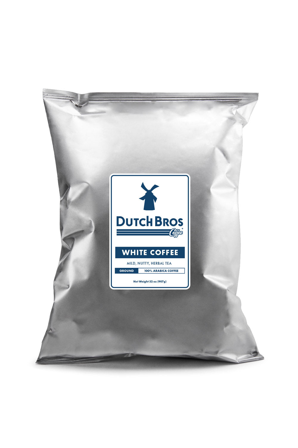 A sealed bag of Dutch Bros White Coffee, indicating a product packaging for coffee beans.
