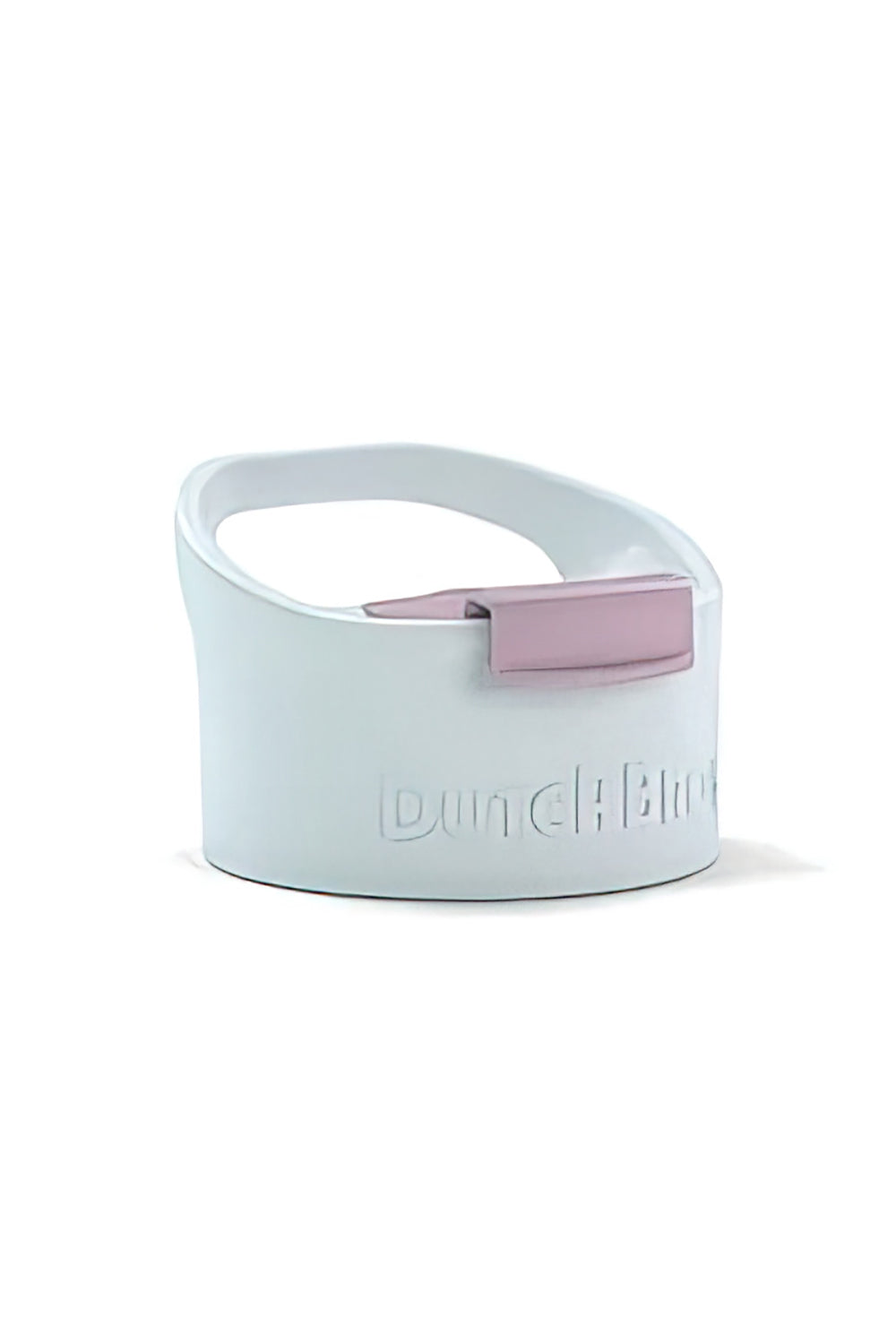 A white screw top lid with a pink flip clip and carrying handle for beverage containers.
