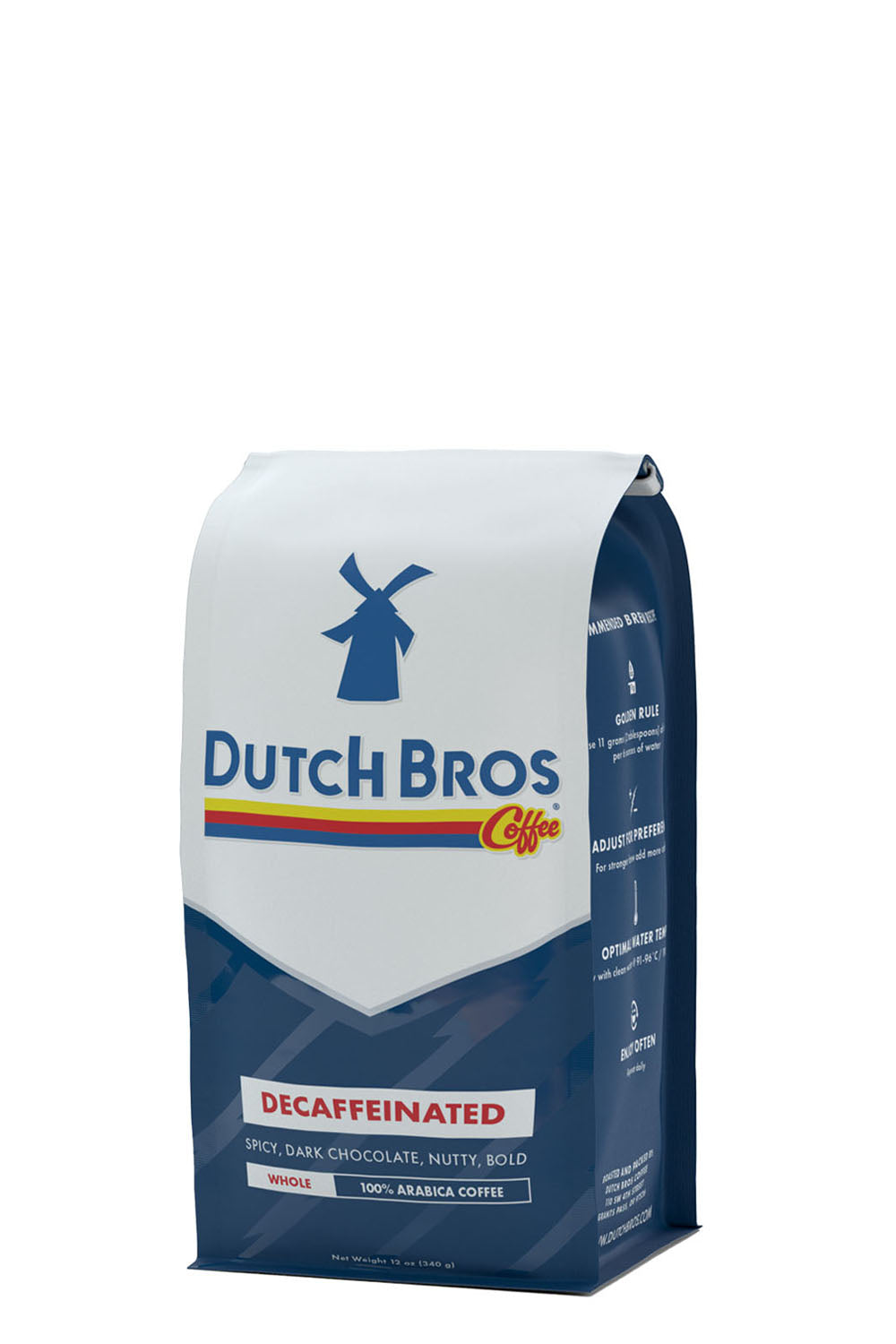 A bag of Dutch Bros Decaffeinated medium roast coffee beans.