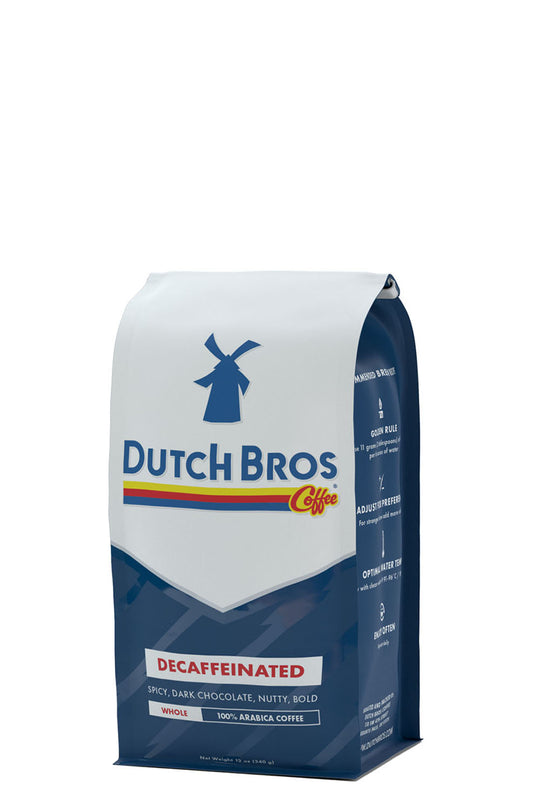A bag of Dutch Bros Decaffeinated medium roast coffee beans.