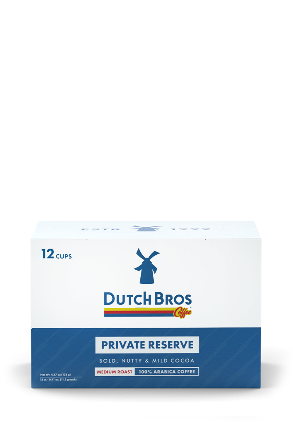 A box of Dutch Bros Private Reserve single-serve coffee cups.