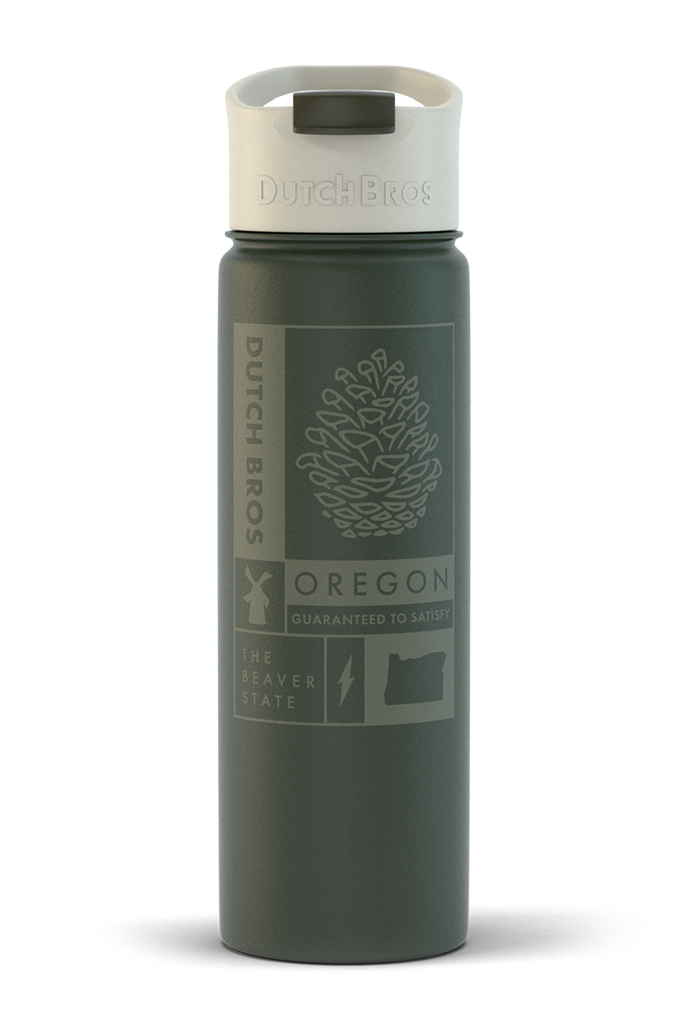 A gray Dutch Flow insulated bottle with Oregon print on it, predominantly designed as drinkware.