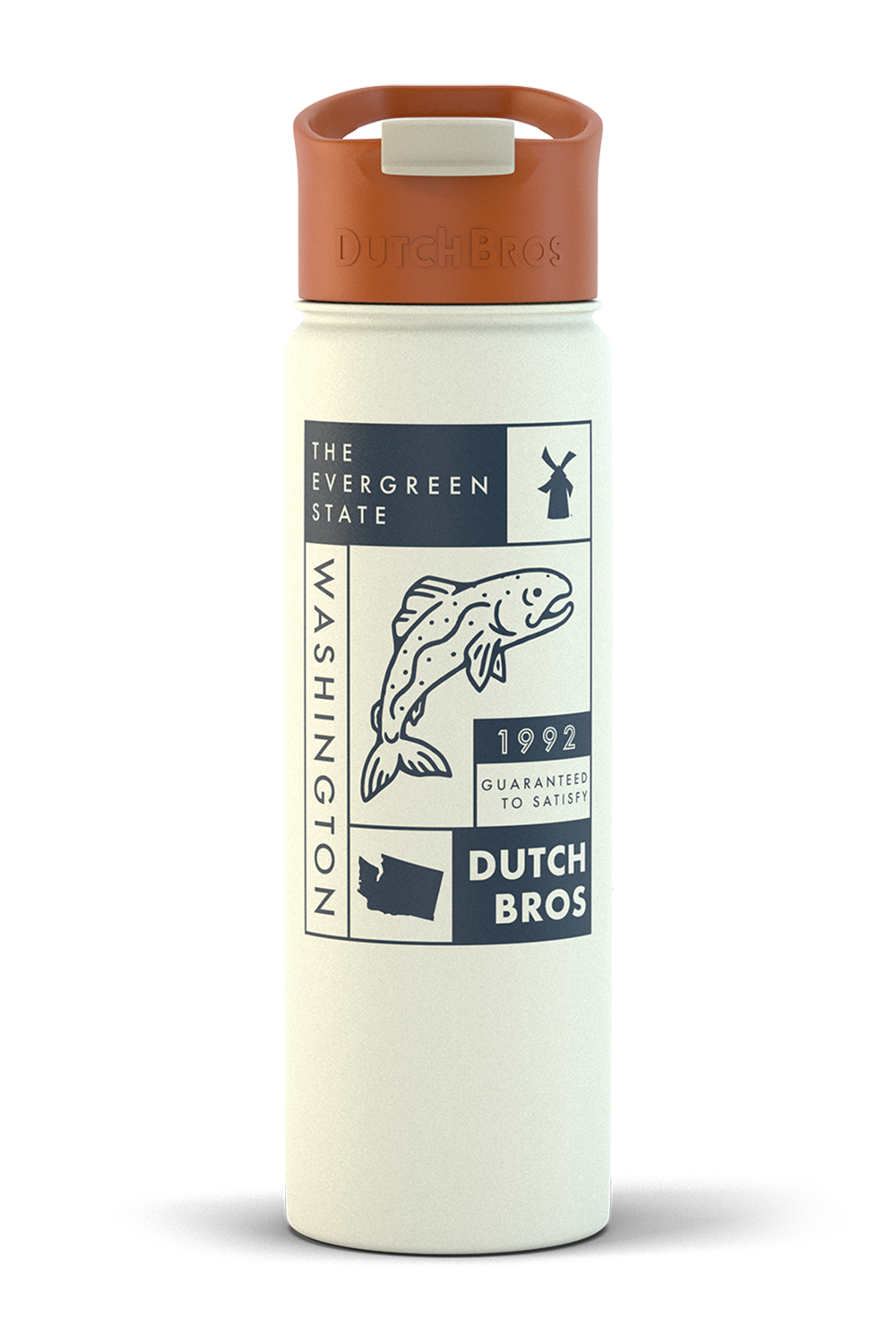 A beige, double-walled stainless steel insulated mug with brown lid, featuring the 'Dutch Bros' logo and the text 'The Evergreen State 1997'.