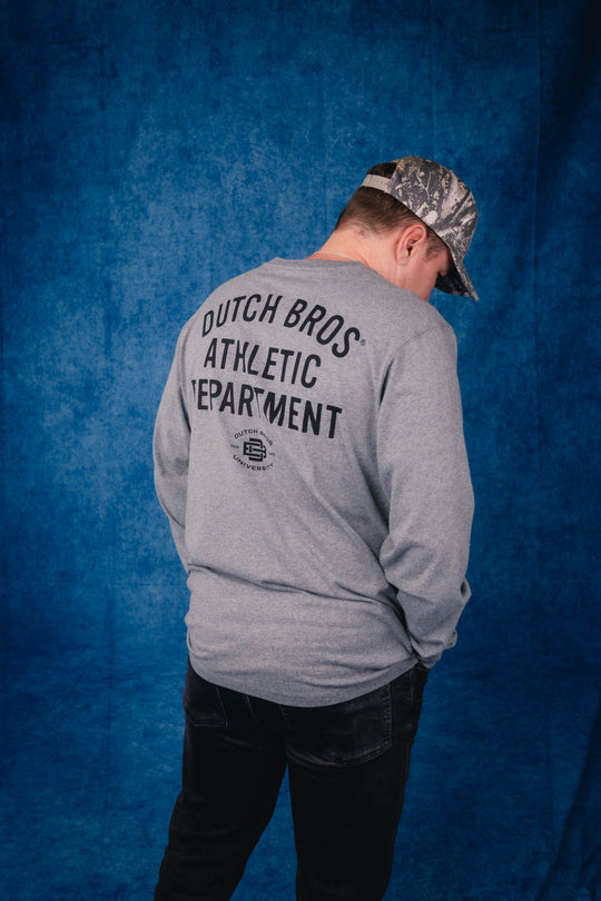 person wearing the dutch bros athletic dept long sleeve shirt showing the back