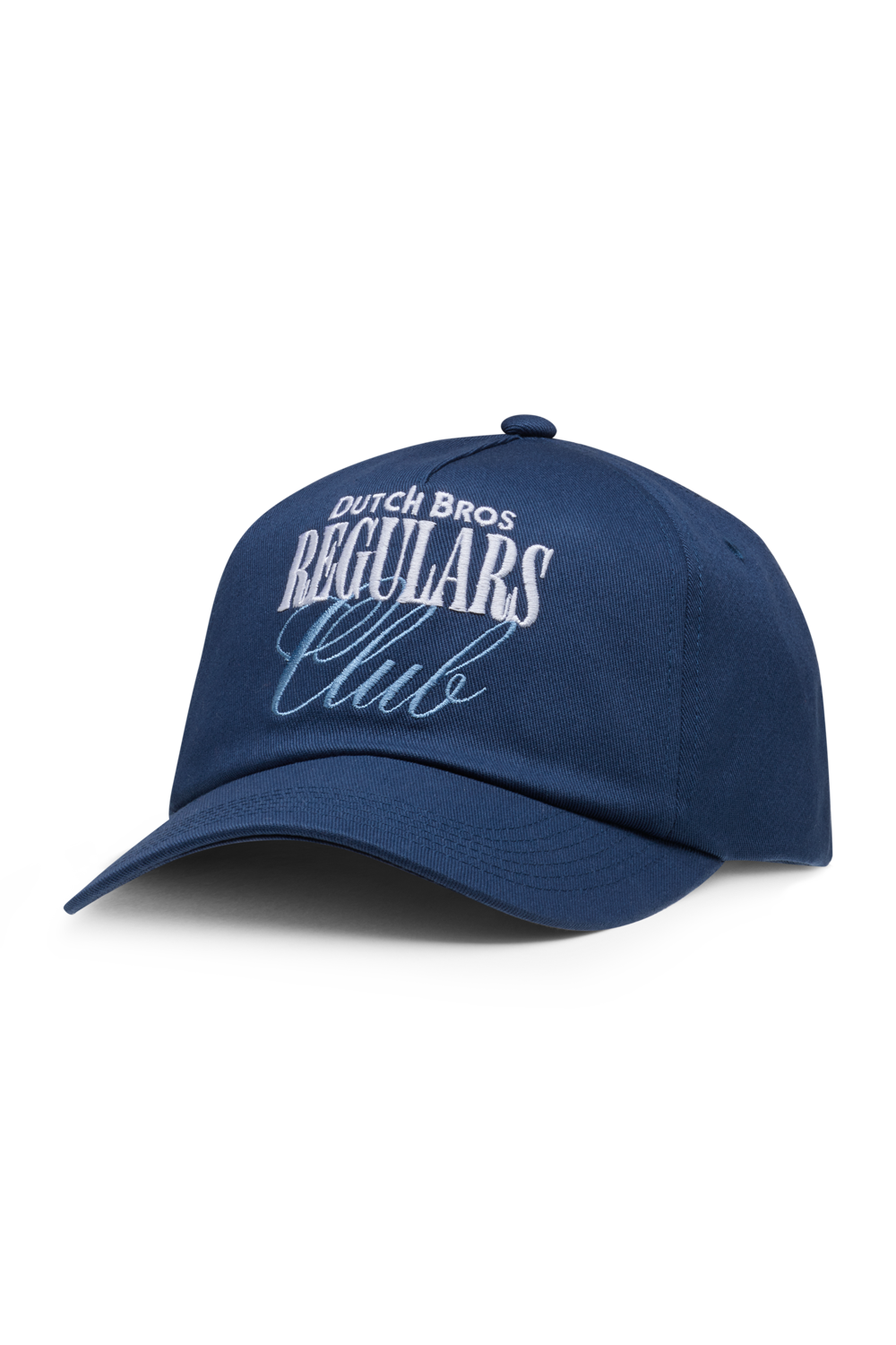 Blue cap with 'Dutch Bros Regulars Club' text on a white background