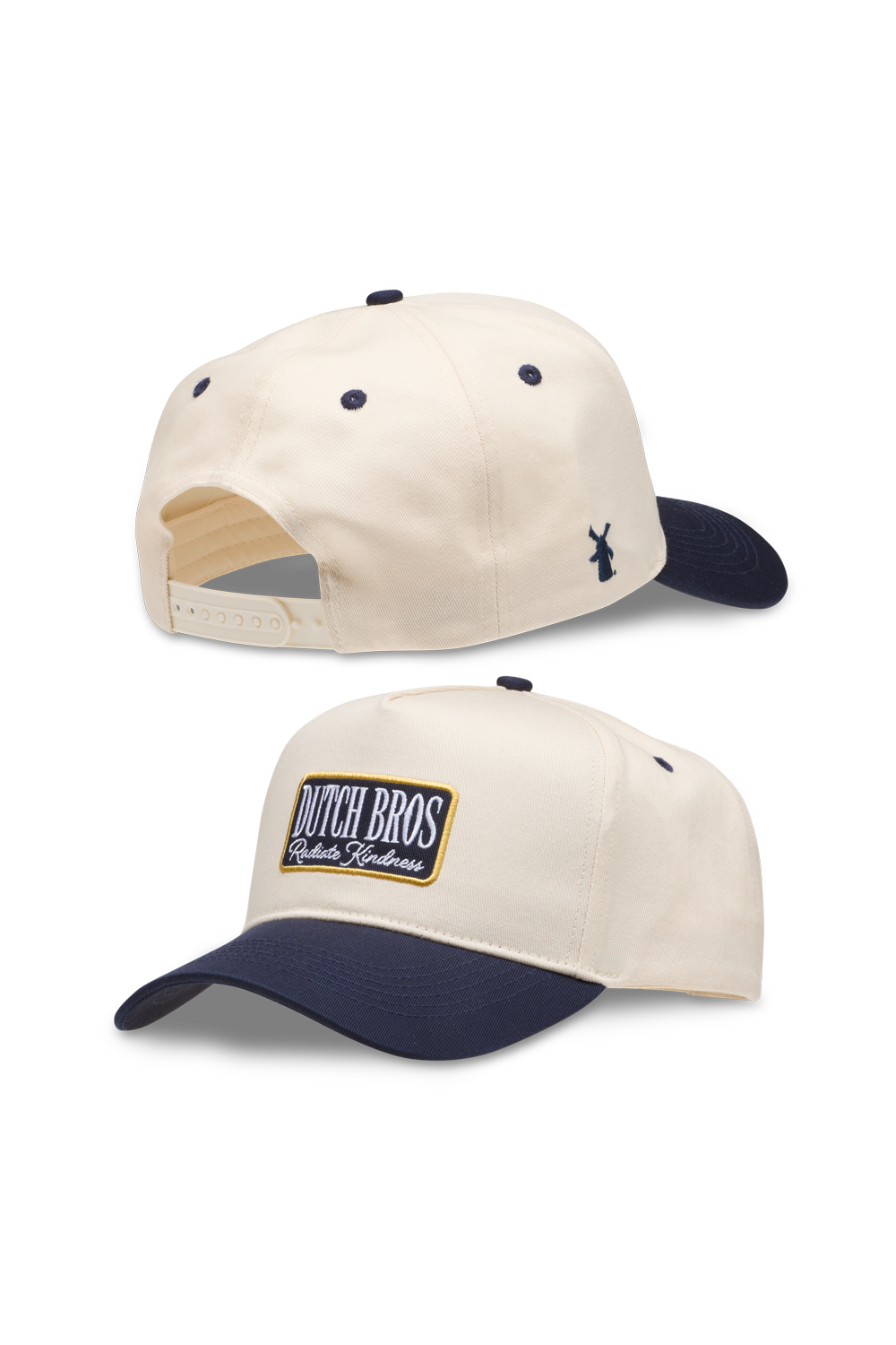 Two views of a beige and navy cap with a visible brand logo on a white background