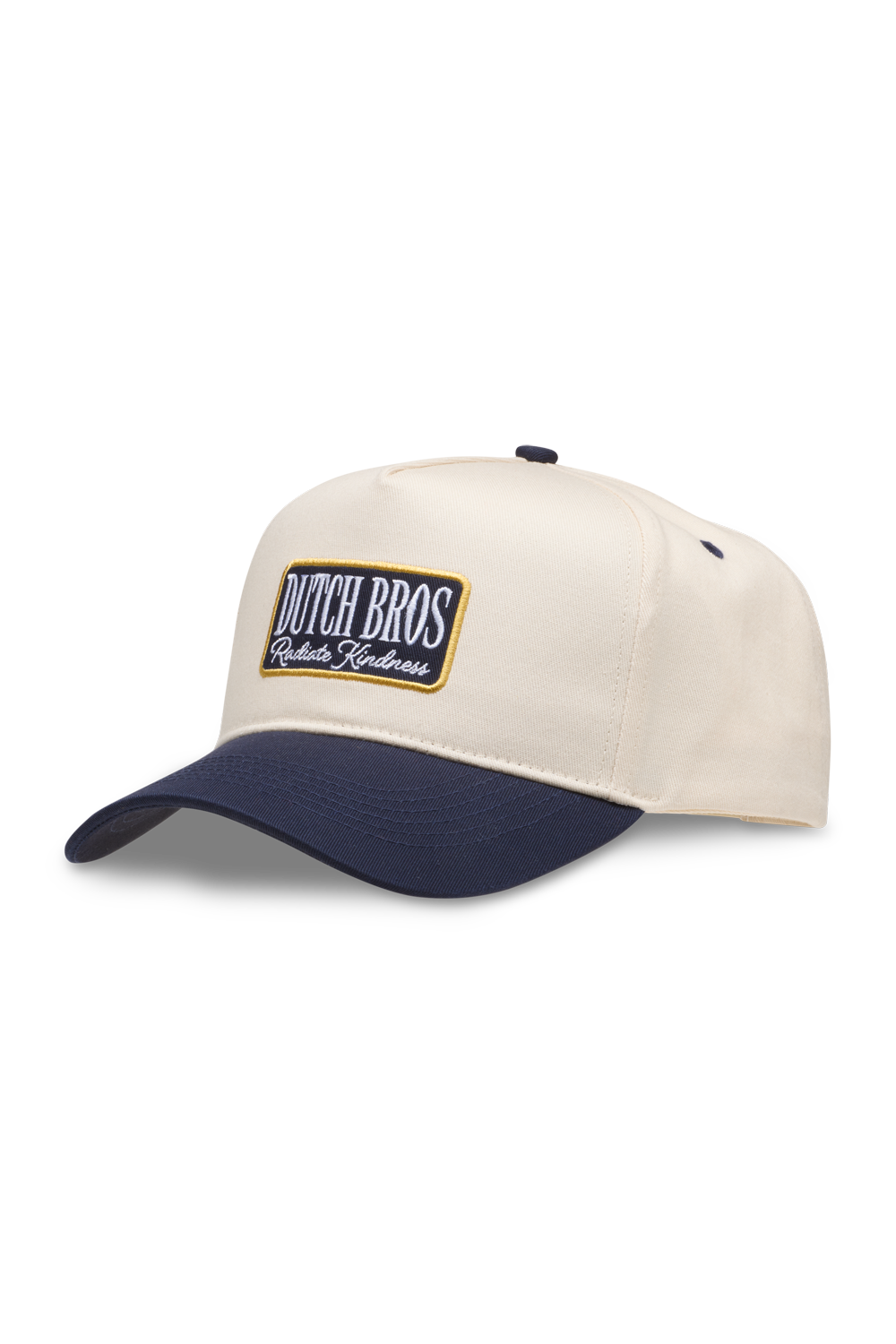 Beige and navy cap with 'Dutch Bros' logo on a white background