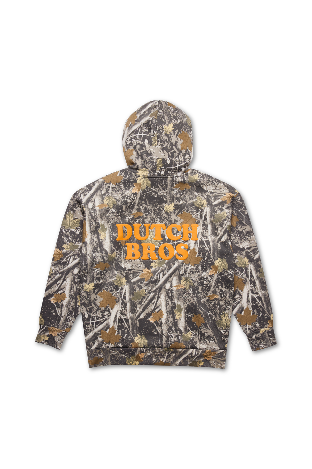 Camouflage hoodie with 'Dutch Bros' text on a white background