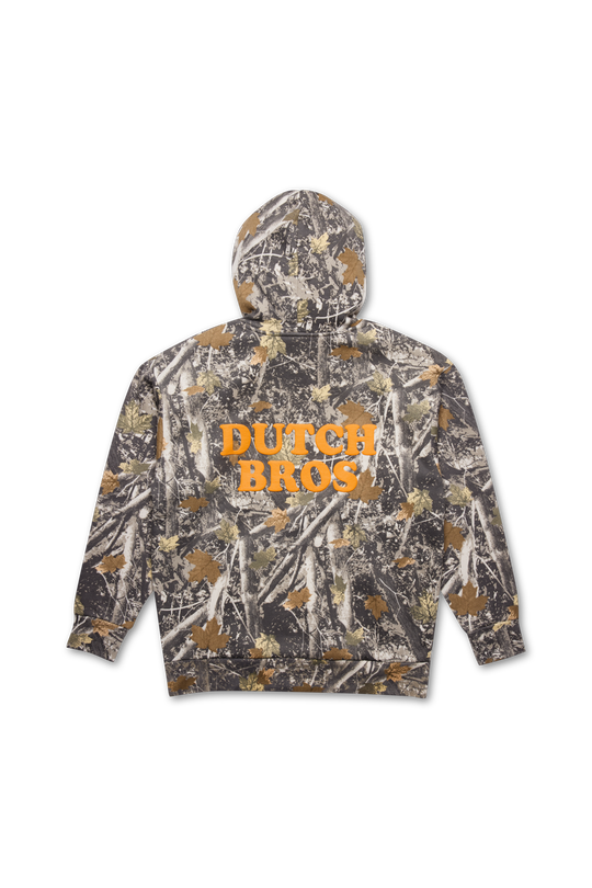 Camouflage hoodie with 'Dutch Bros' text on a white background