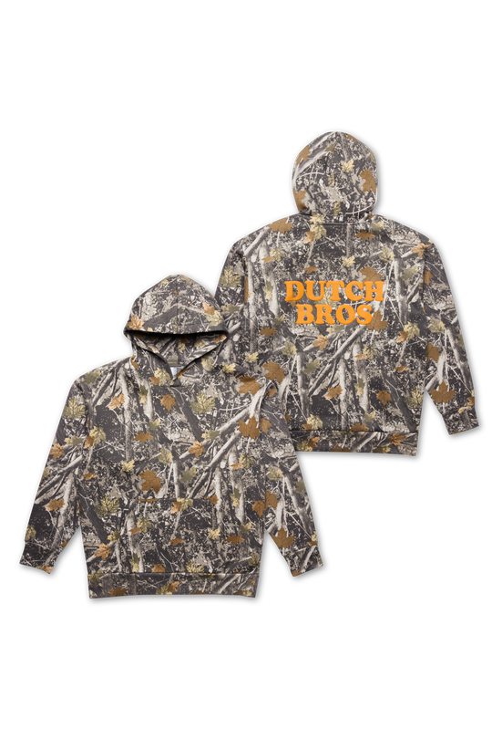 Two camouflage hoodies with 'Dutch Bros' logo on a white background