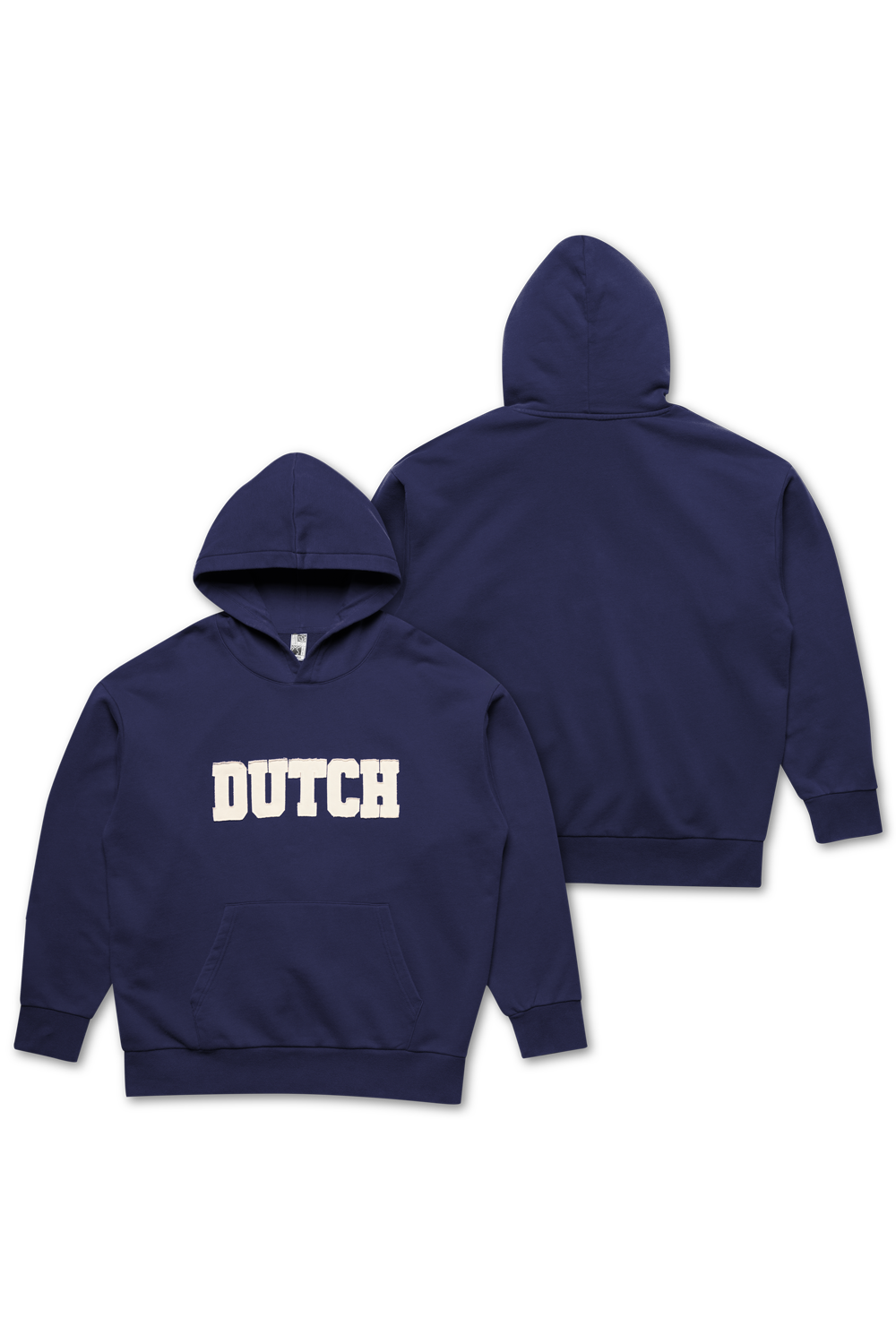 Navy blue hoodie with 'DUTCH' text on a white background