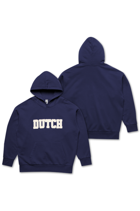 Navy blue hoodie with 'DUTCH' text on a white background