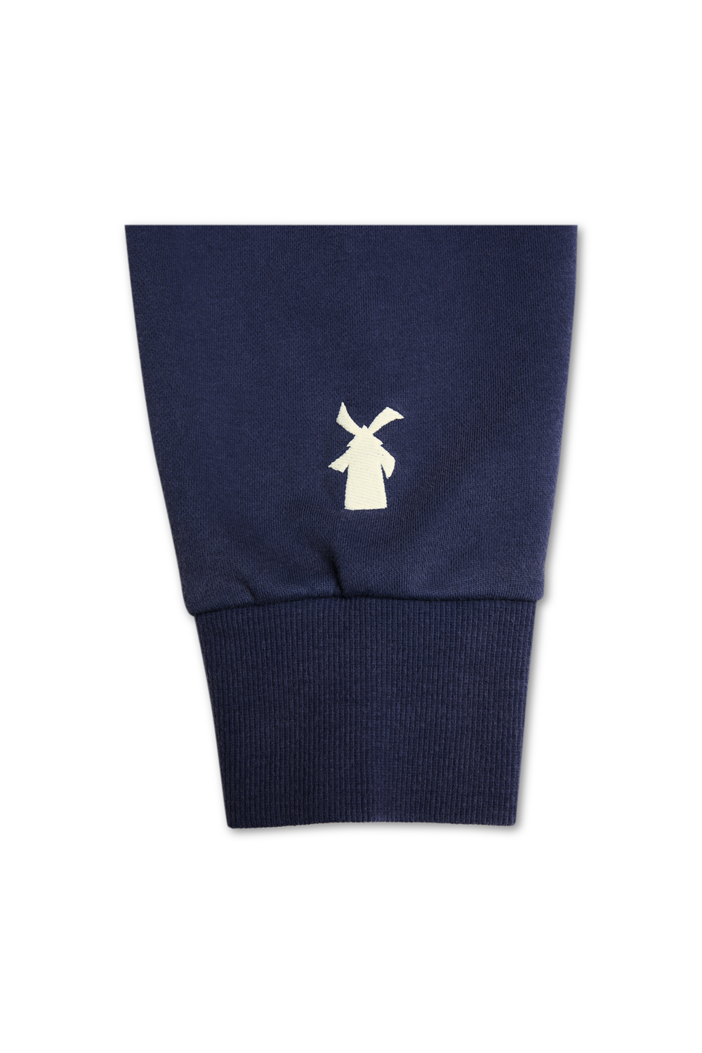 Navy blue sweater with a white logo on a white background