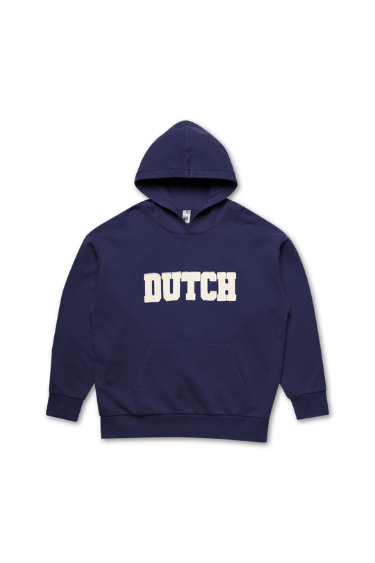 Navy blue hoodie with 'DUTCH' text on a white background
