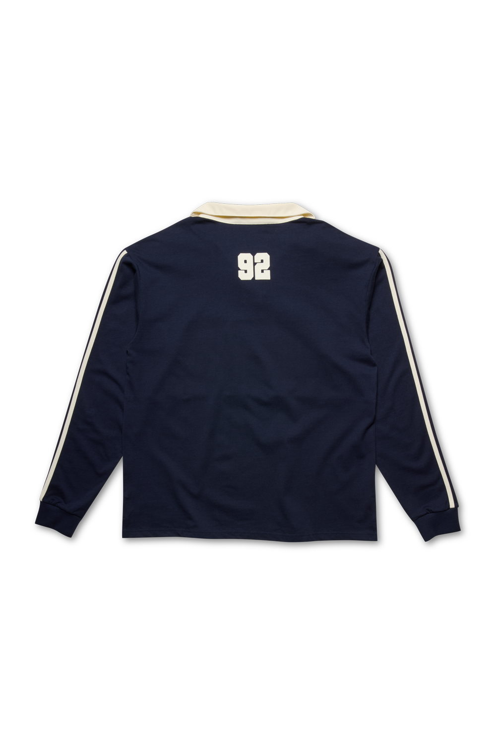 Navy blue long-sleeve shirt with white stripes on sleeves and number 92 on the back, displayed on a white background.