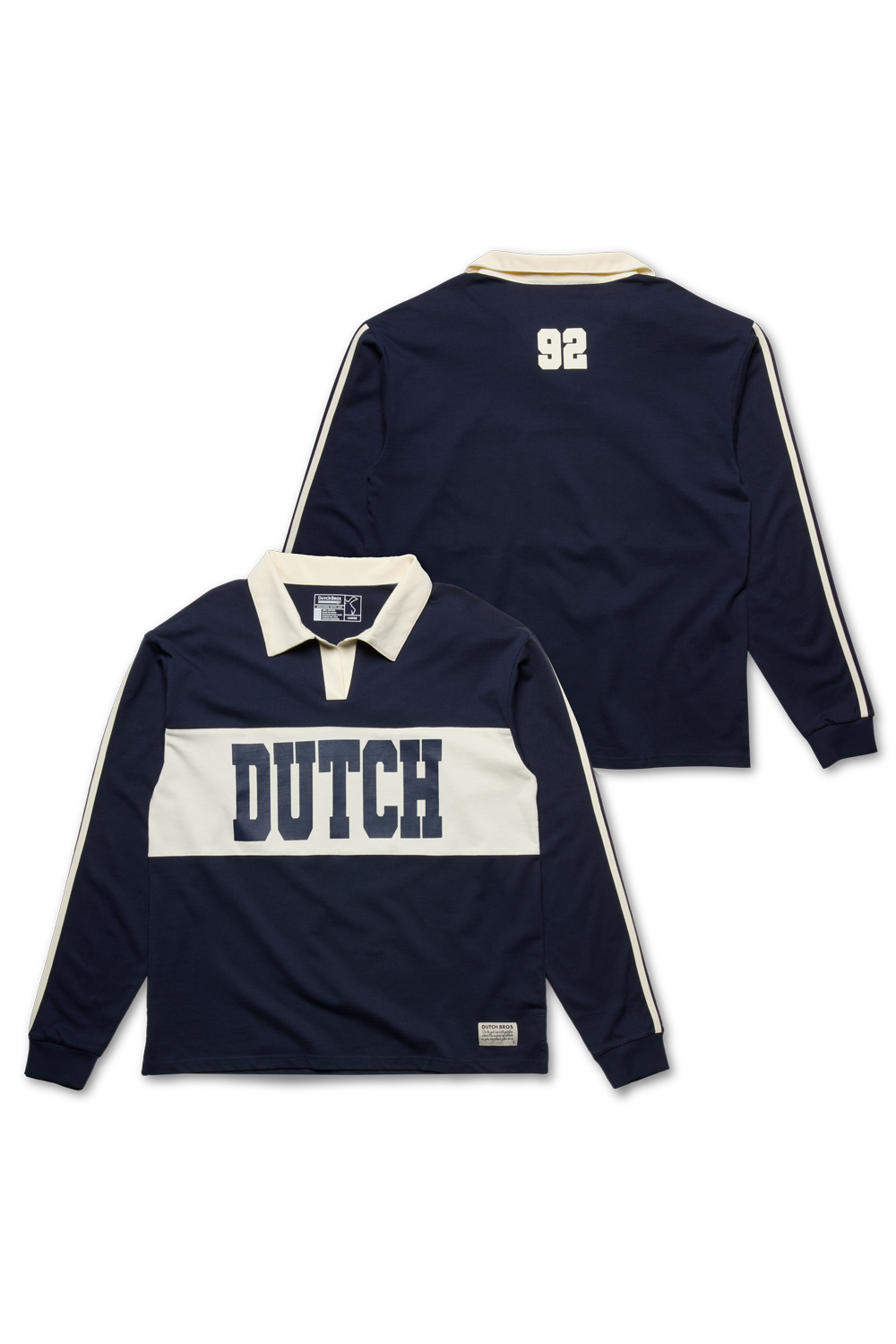 Navy blue sports rugby shirt with 'DUTCH' text on a white background