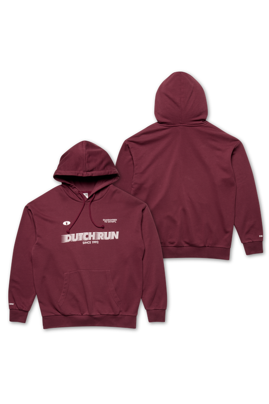 Maroon hoodie with 'Duchran' branding on a white background