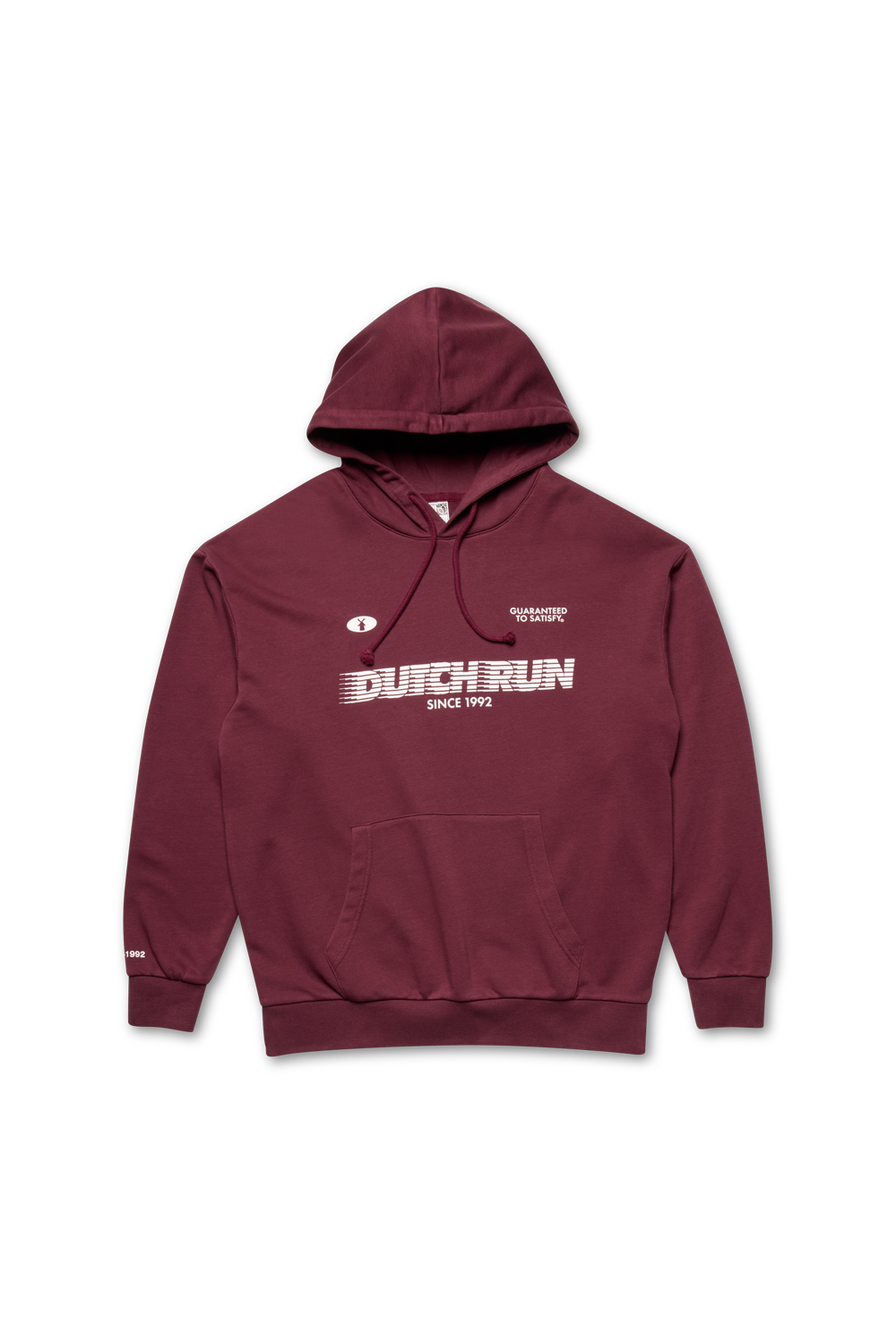 Maroon hoodie with white text on a white background