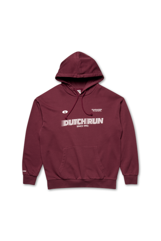 Maroon hoodie with white text on a white background