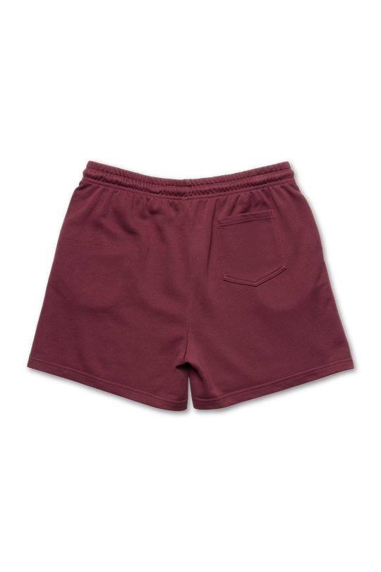 Maroon shorts with a pocket on a white background