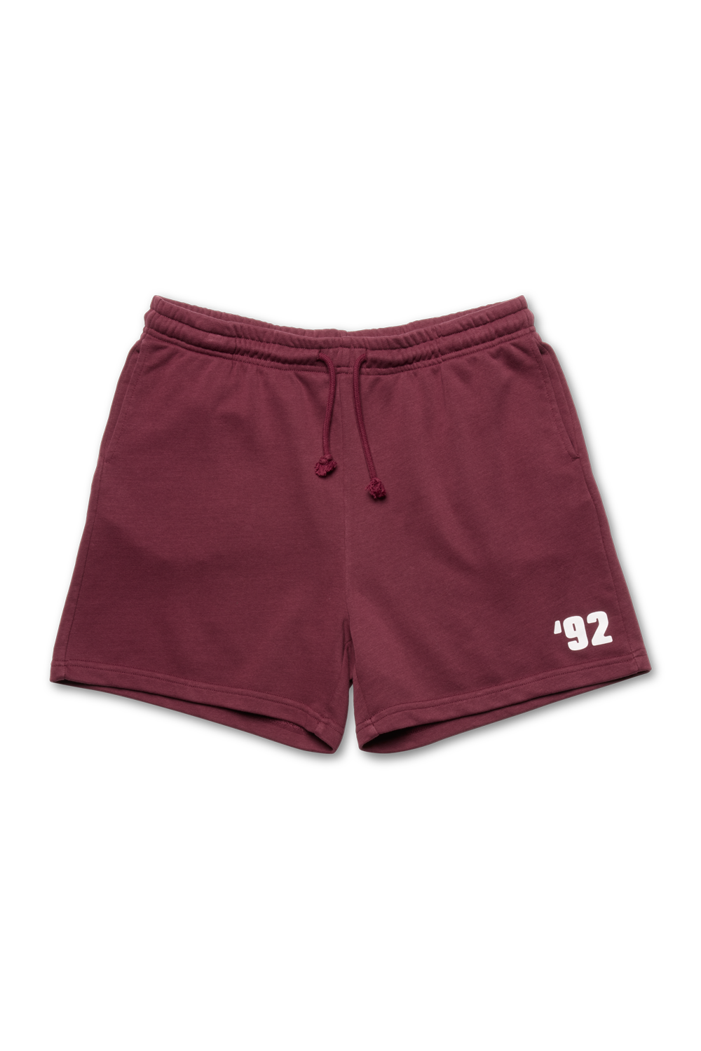 Maroon shorts with '92 logo on a white background