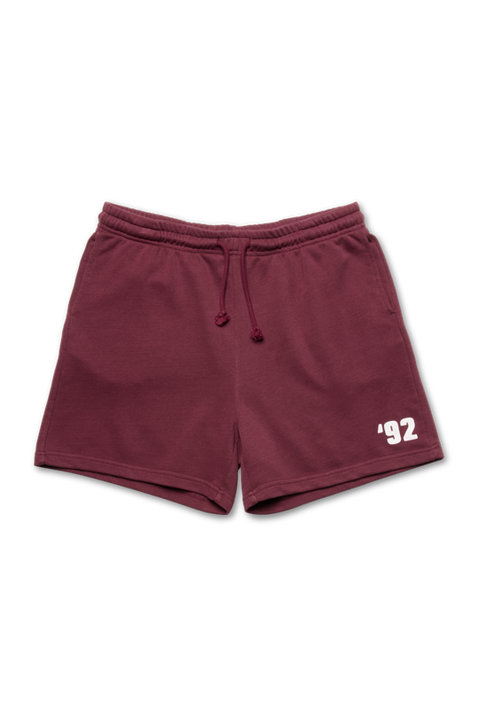 Maroon shorts with '92 logo on a white background