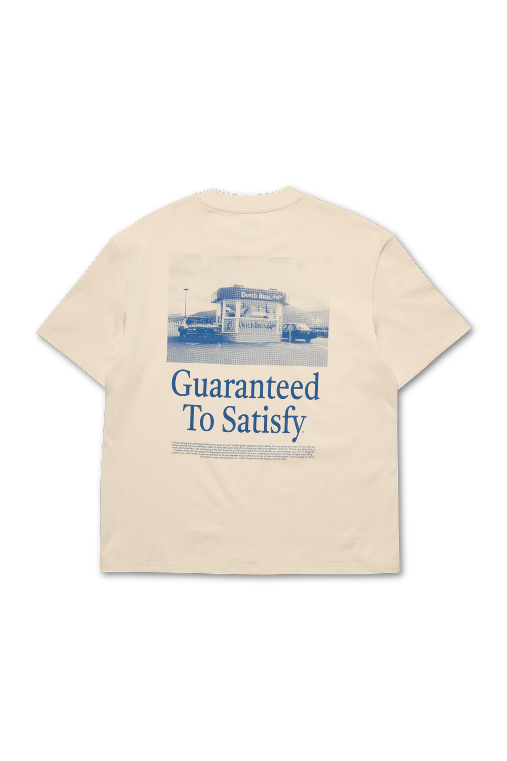 Beige t-shirt with graphic and text on a white background