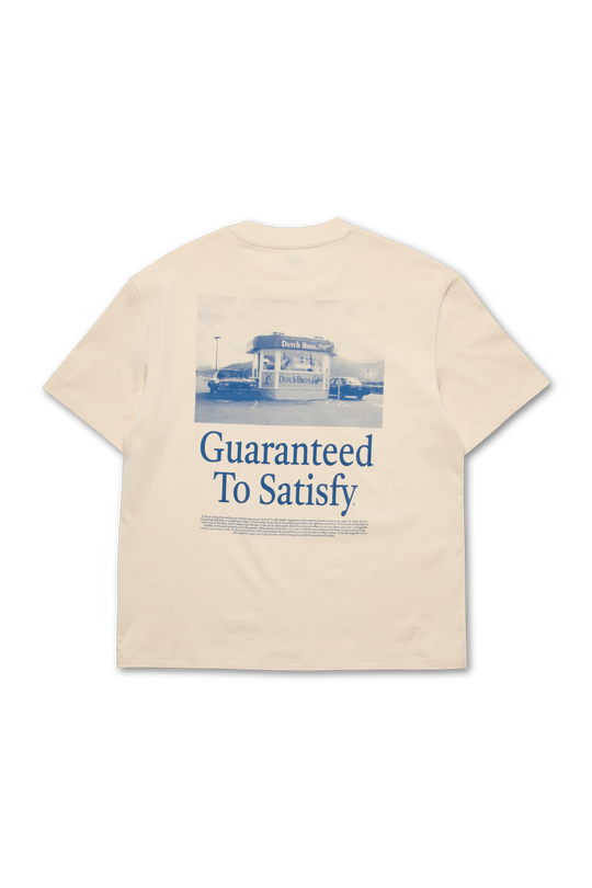 Beige t-shirt with graphic and text on a white background