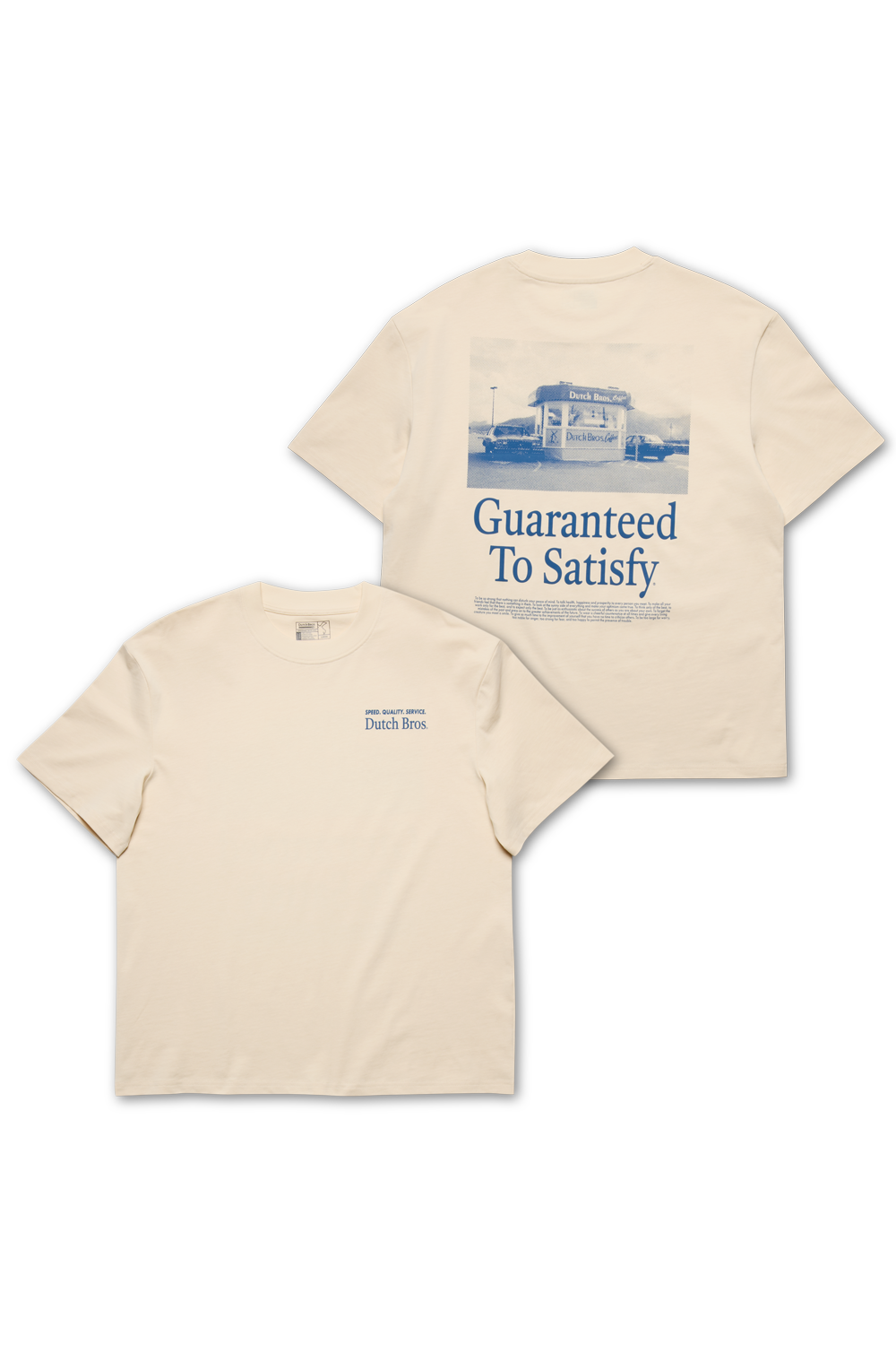 Beige t-shirt with graphic design and text on a white background