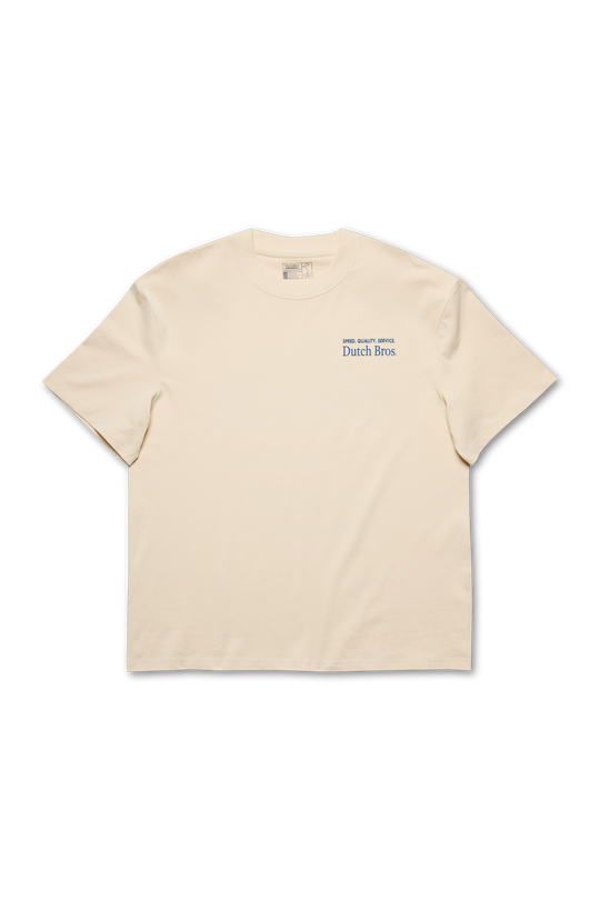 Beige t-shirt with text on a white background