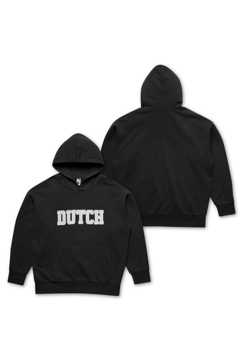 Black hoodie with 'DUTCH' text on front and back, on a white background