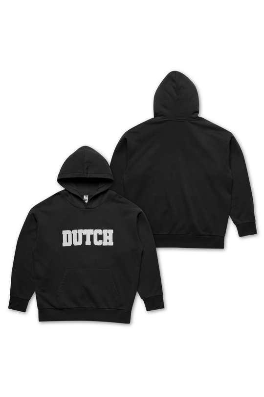 Black hoodie with 'DUTCH' text on front and back, on a white background