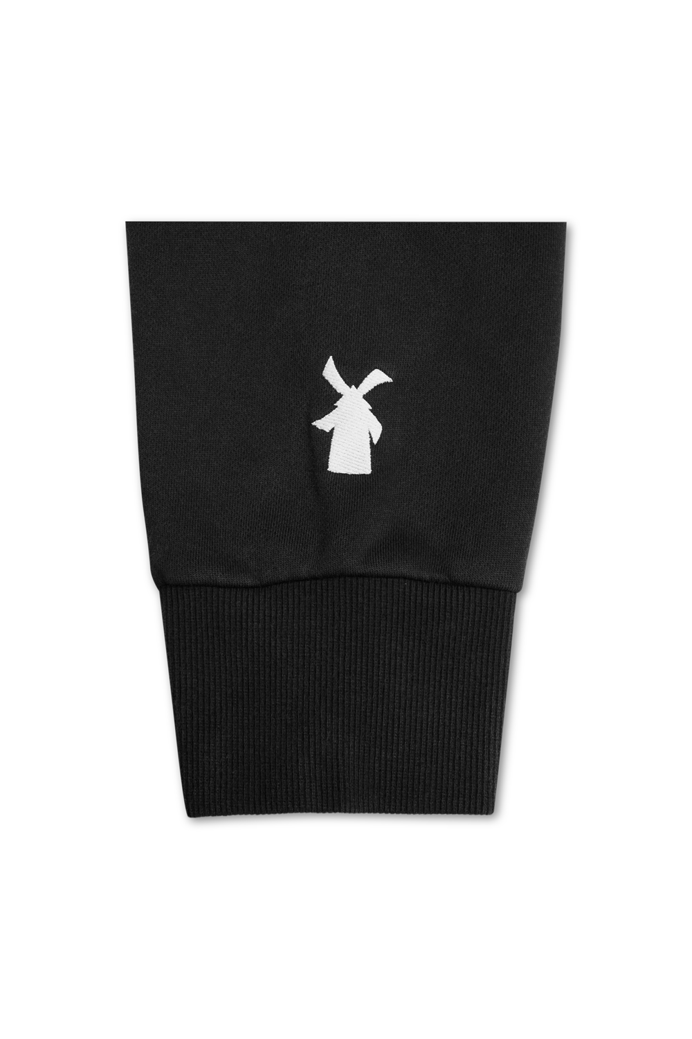 Black sweater with a white logo on a white background