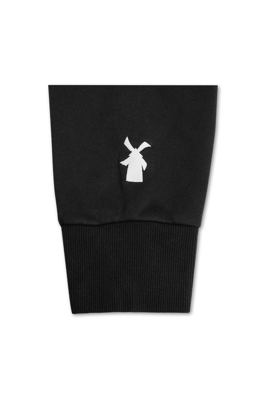 Black sweater with a white logo on a white background