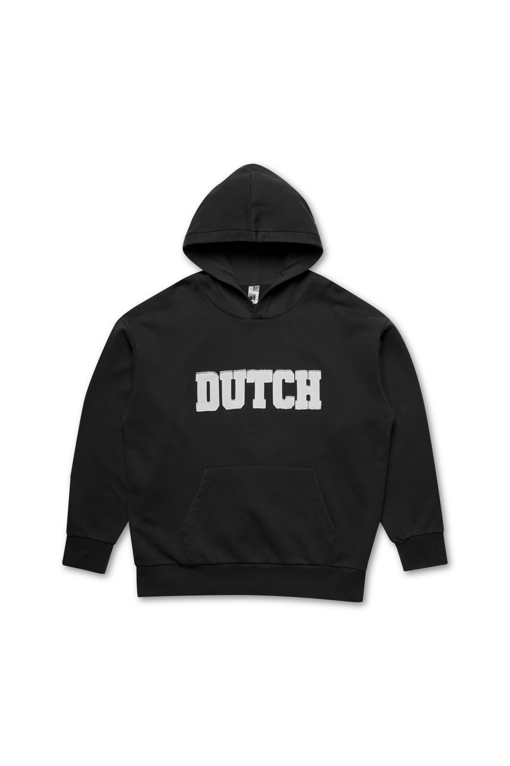 Black hoodie with 'DUTCH' text on a white background