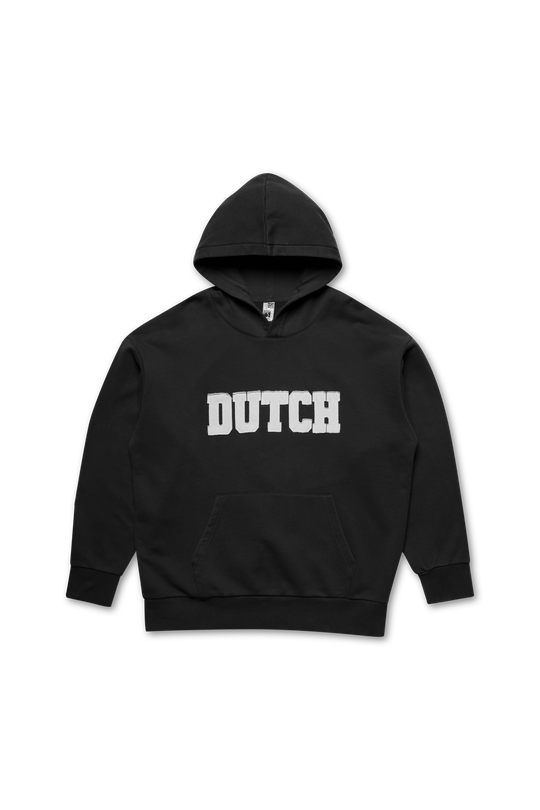 Black hoodie with 'DUTCH' text on a white background