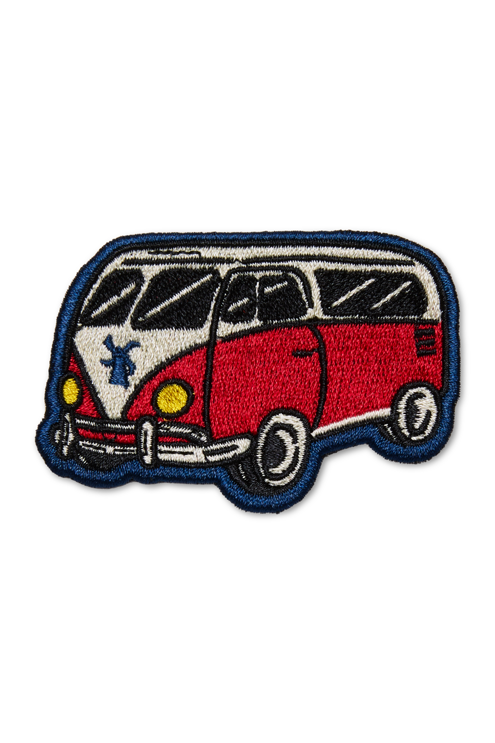 Embroidered patch of a red and white van on a white background